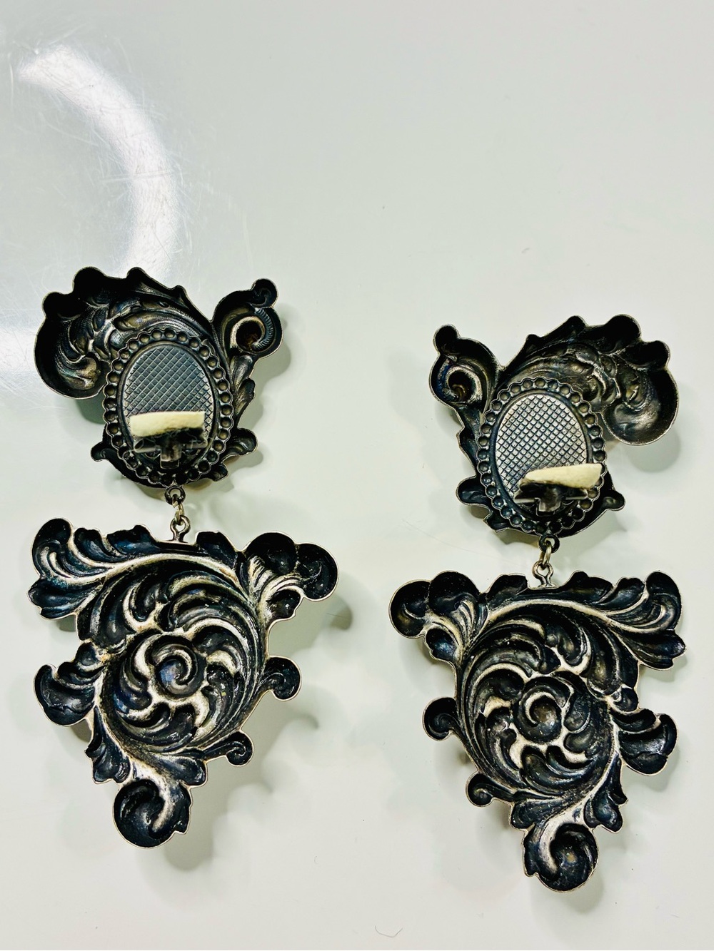Banana Bob Baroque Scroll Drop Clip Earrings Black Faceted Cabochons 90s Runway - Picture 4 of 12